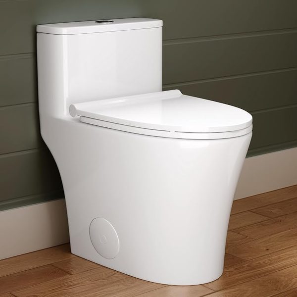One-piece skirted toilet – navy and gold powder room ideas