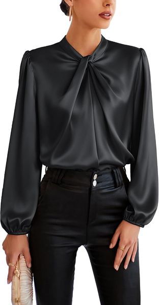 Satin twist neck blouse – modest wedding guest outfit