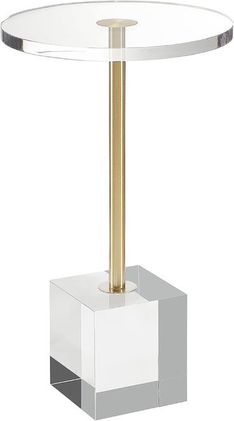 Acrylic + brass side table – camel leather sofa living room ideas