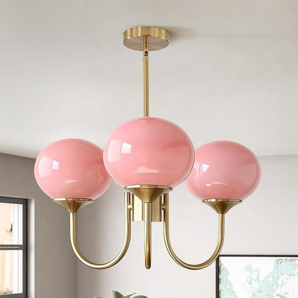 Pink globe & gold 3-light chandelier – blush pink bathroom ideas