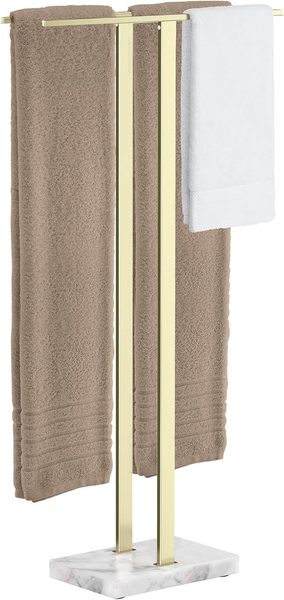 Gold standing towel rack w marble base – blush pink bathroom ideas