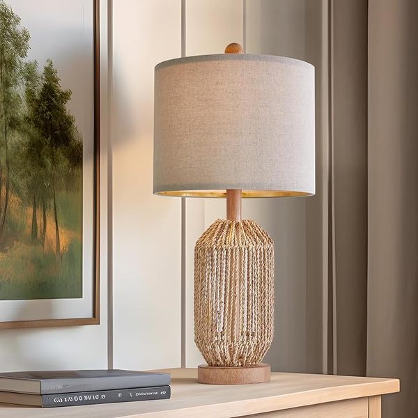 Boho rattan table lamp – camel leather sofa living room ideas
