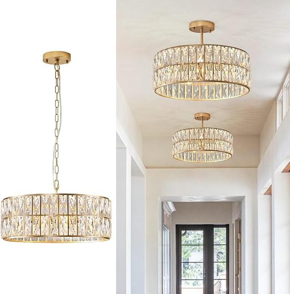 Gold crystal pendant – cream and oak kitchen ideas