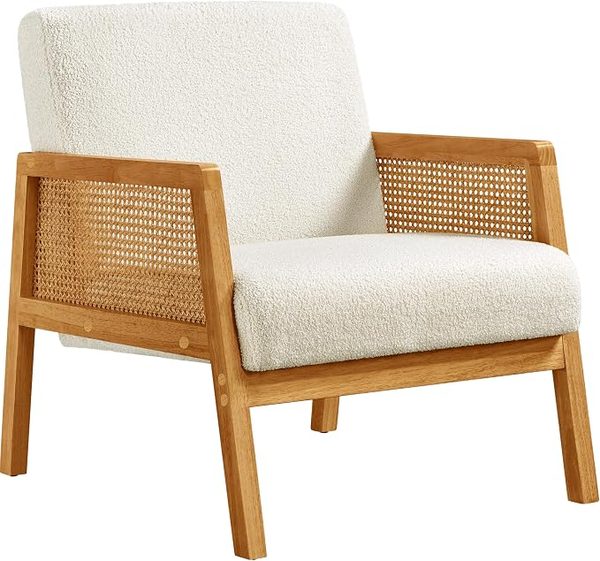 Rattan boucle accent chair – camel leather sofa living room ideas