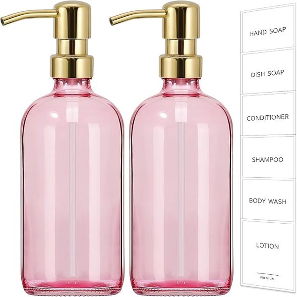 Pink glass soap dispensers w gold pump, 2 pack – blush pink bathroom ideas
