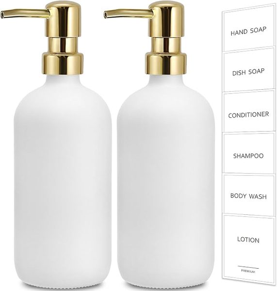 White glass soap dispensers, 2 pack – navy and gold powder room ideas