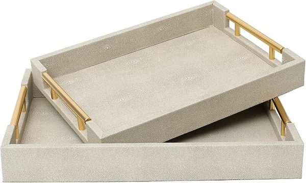 Shagreen tray set w/ gold handles – camel leather sofa living room ideas