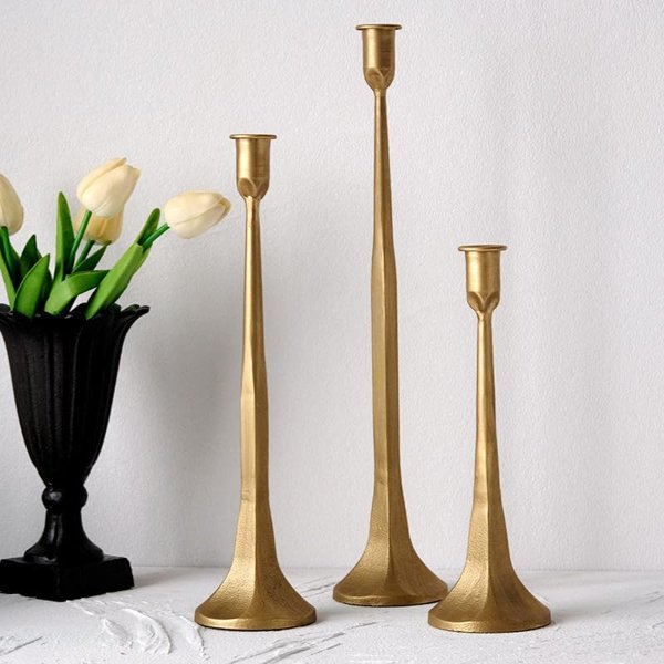 Gold candle holders, set of 3 – white and gold dining room ideas