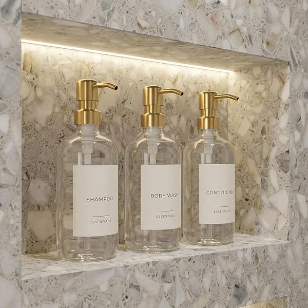 Shampoo, conditioner & body wash dispenser set – blush pink bathroom ideas