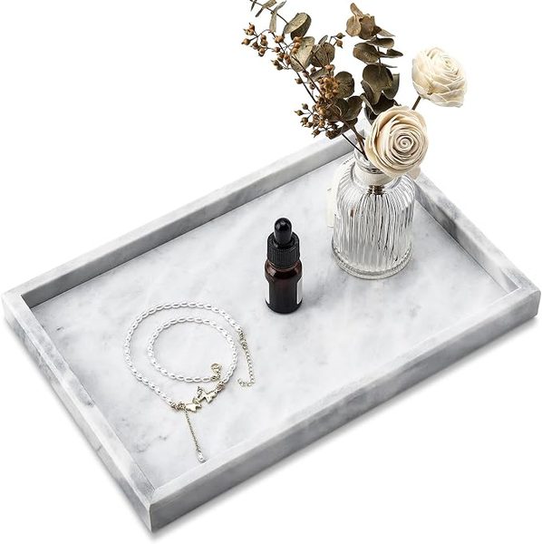 White marble vanity tray – navy and gold powder room ideas
