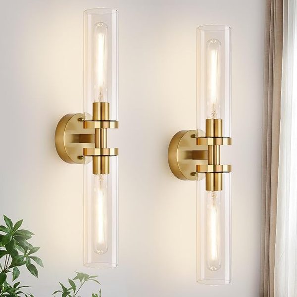 Gold glass wall sconces, set of 2 – navy and gold powder room ideas