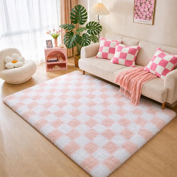 Pink & white checkered fluffy rug 5x7 – pink and white teen girl room