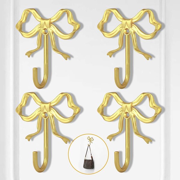 Gold bow wall hooks, set of 4 – pink and white teen girl room