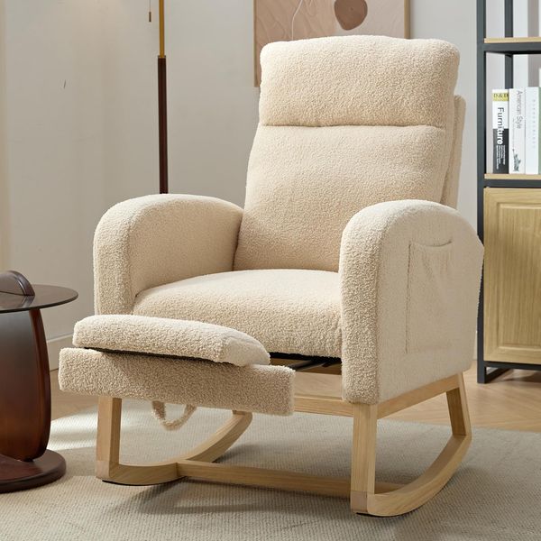 Boucle rocking chair + footstool – cozy nursery ideas
