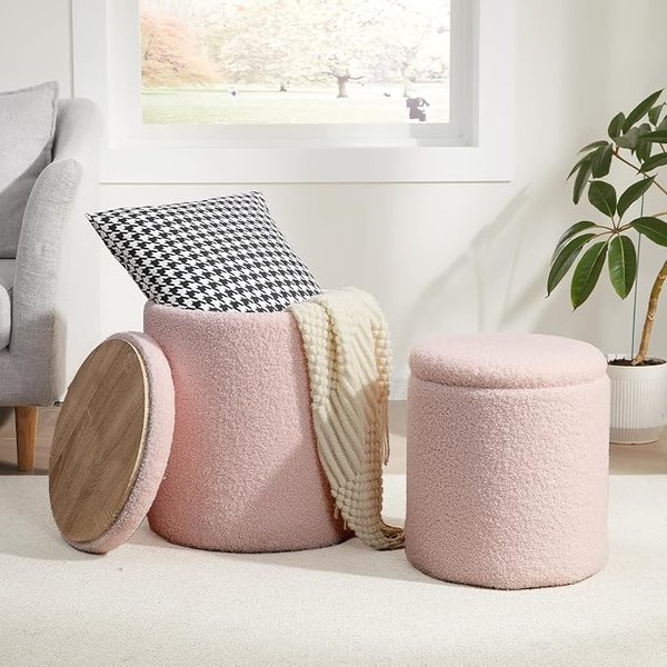 Velvet storage ottomans, set of 2 – pink and white teen girl room