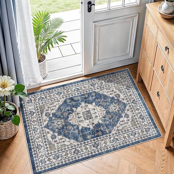 Vintage washable rug 2x3 – navy and gold powder room ideas