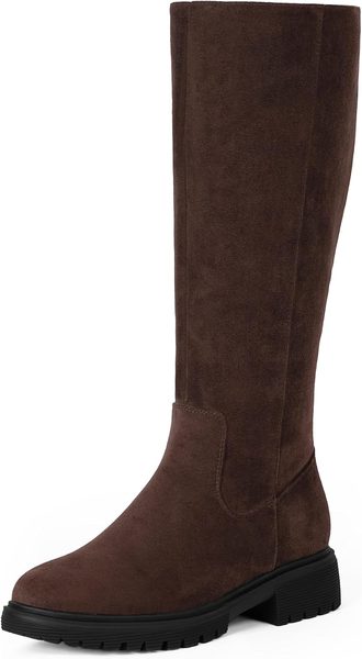 Suede knee high boots – brown plaid skirt outfit