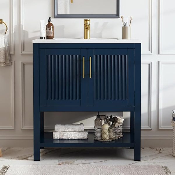 Navy fluted vanity with sink, 30" – navy and gold powder room ideas