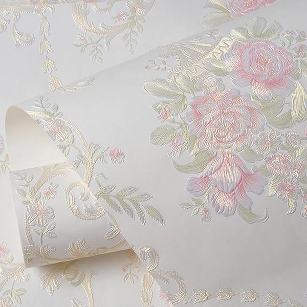 Vintage floral peel & stick wallpaper – pink and white teen girl room