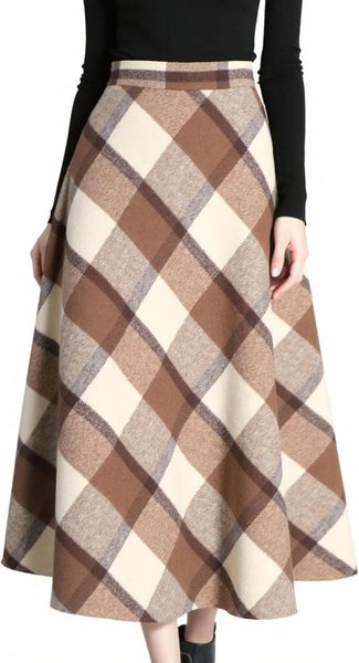Plaid wool midi skirt – brown plaid skirt outfit