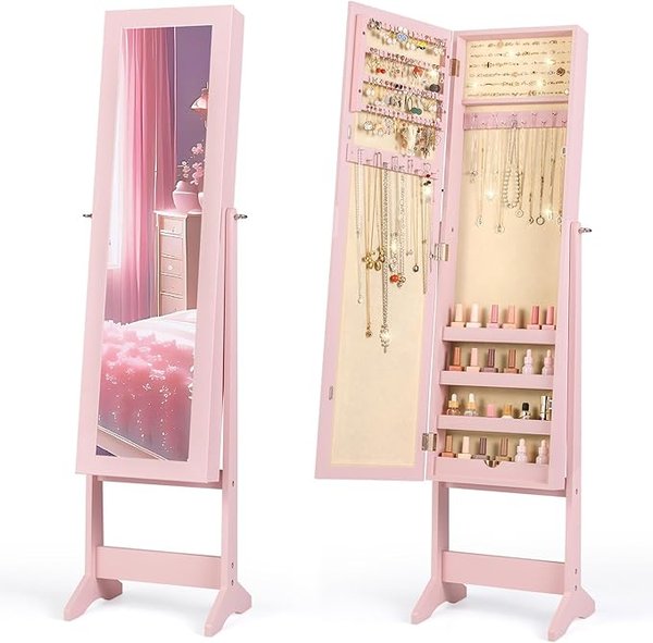 Standing jewelry armoire w mirror – pink and white teen girl room