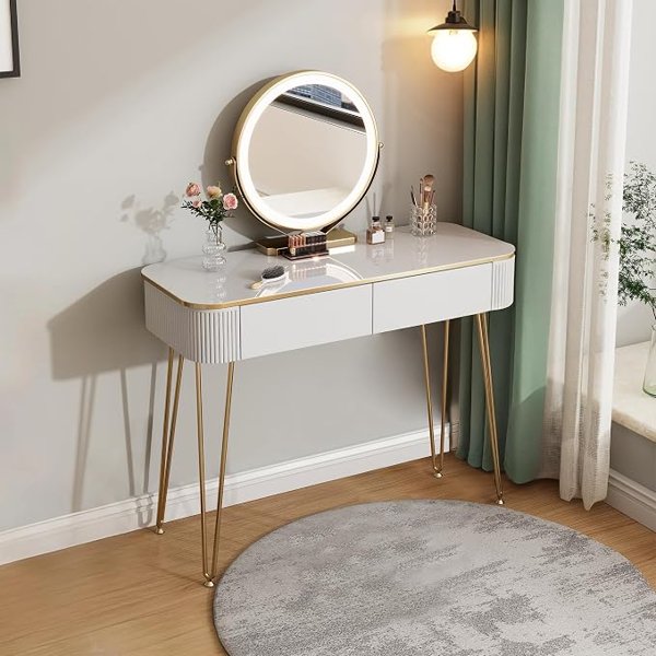 White & gold vanity w lighted mirror – pink and white teen girl room