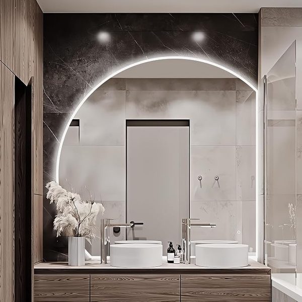 Half-moon backlit LED mirror 44" – blush pink bathroom ideas