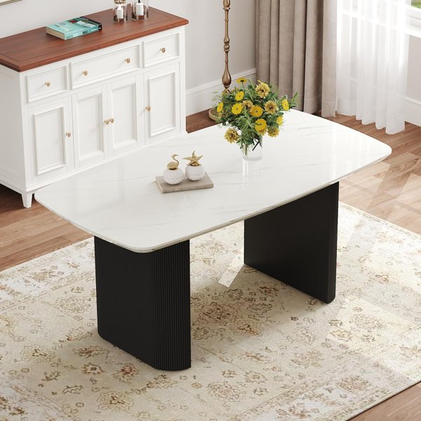 Marble-look dining table w fluted base – white and gold dining room ideas