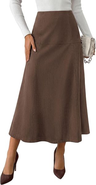 Faux suede A-line midi skirt – brown suede midi skirt outfit
