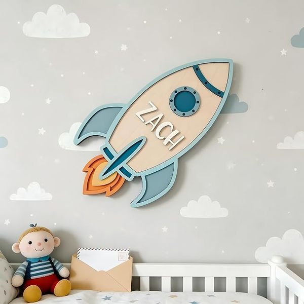 Personalized rocket name sign – space themed boys room ideas