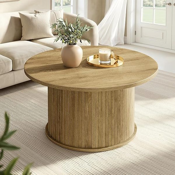 Round fluted wood coffee table – camel leather sofa living room ideas