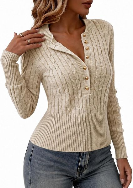 Cable-knit henley sweater – brown suede midi skirt outfit