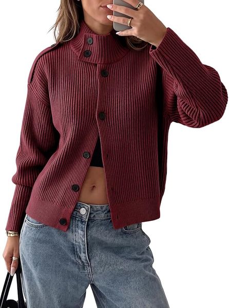 Mock-neck button cardigan – burgundy cardigan outfit