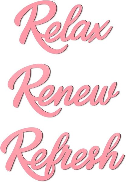 Relax Renew Refresh pink wall words – blush pink bathroom ideas