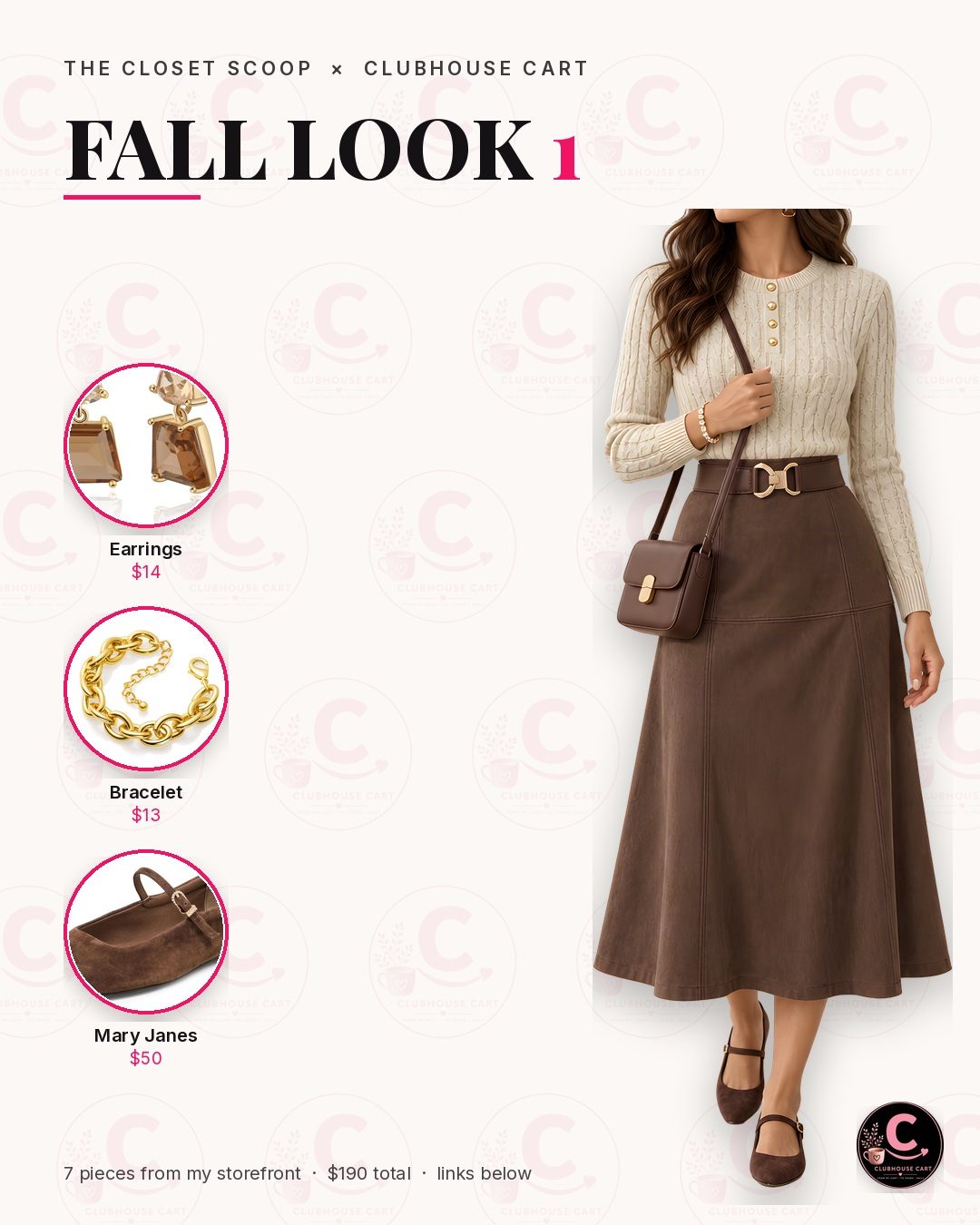 Modest brown suede midi skirt outfit with an oatmeal cable knit sweater, belt and suede Mary Jane flats