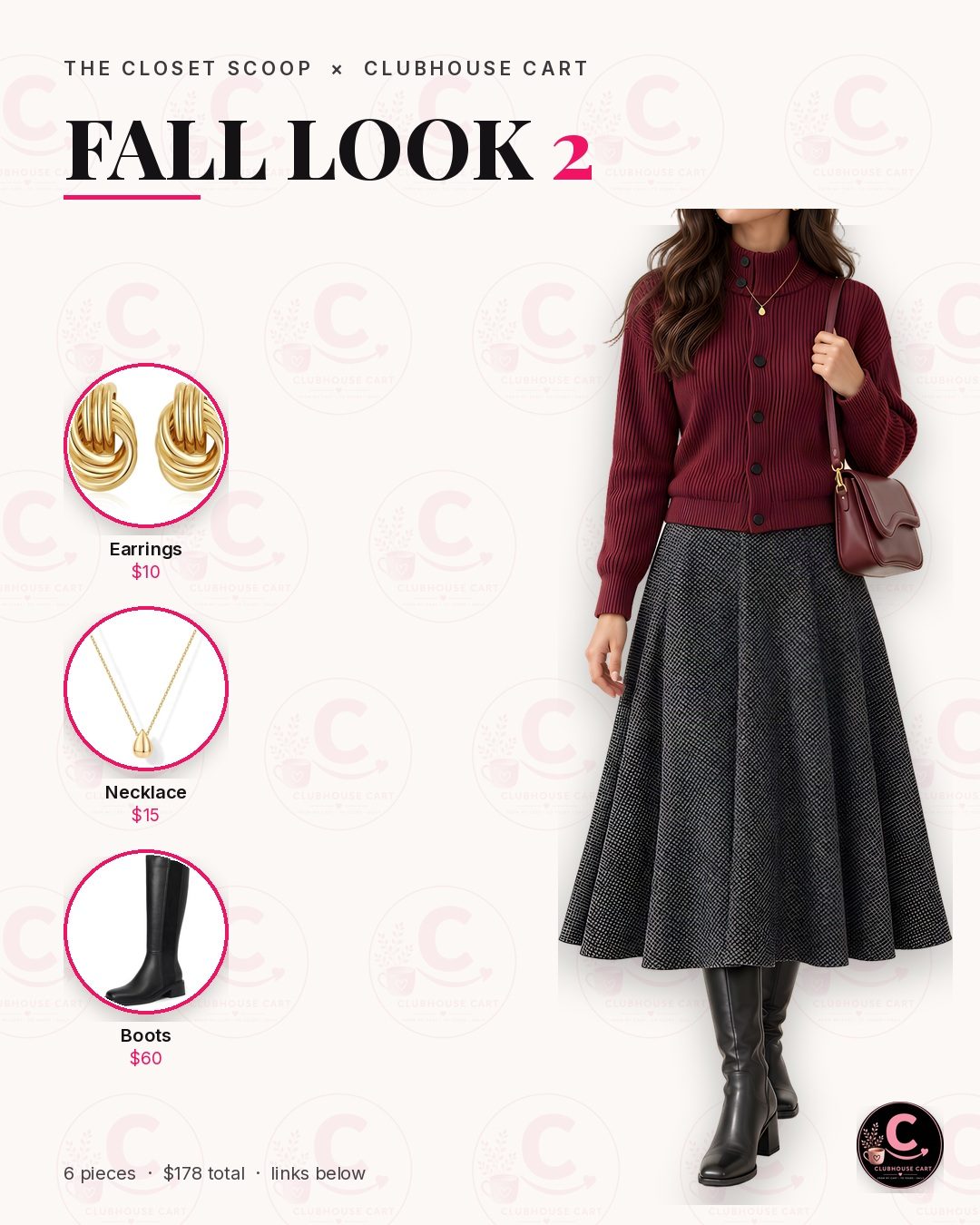 Modest burgundy cardigan outfit with a charcoal wool midi skirt and black knee-high boots