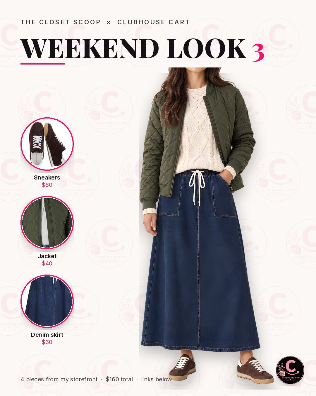Modest denim maxi skirt fall outfit with a cream cable knit sweater, olive quilted jacket and suede sneakers