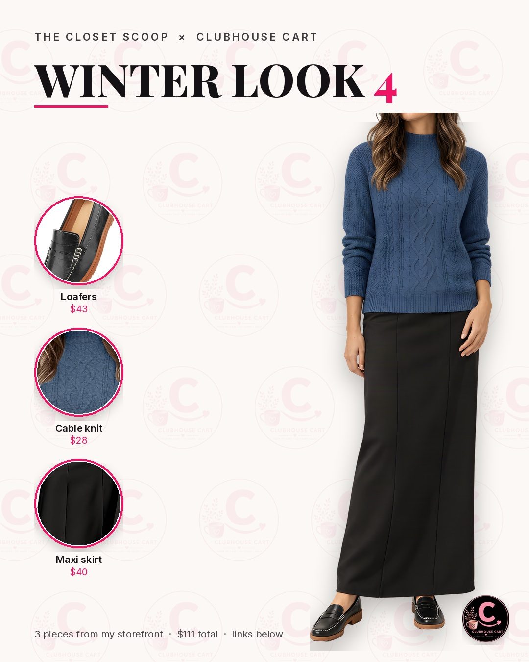 Modest black maxi skirt winter outfit with a blue cable knit sweater and penny loafers
