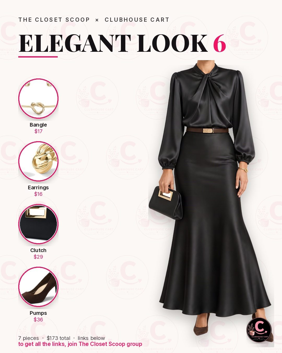 Modest wedding guest outfit with a black satin blouse, satin maxi skirt, suede pumps and gold jewelry