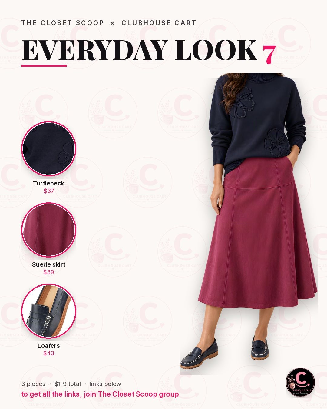 Modest burgundy suede midi skirt outfit with a navy floral turtleneck sweater and penny loafers