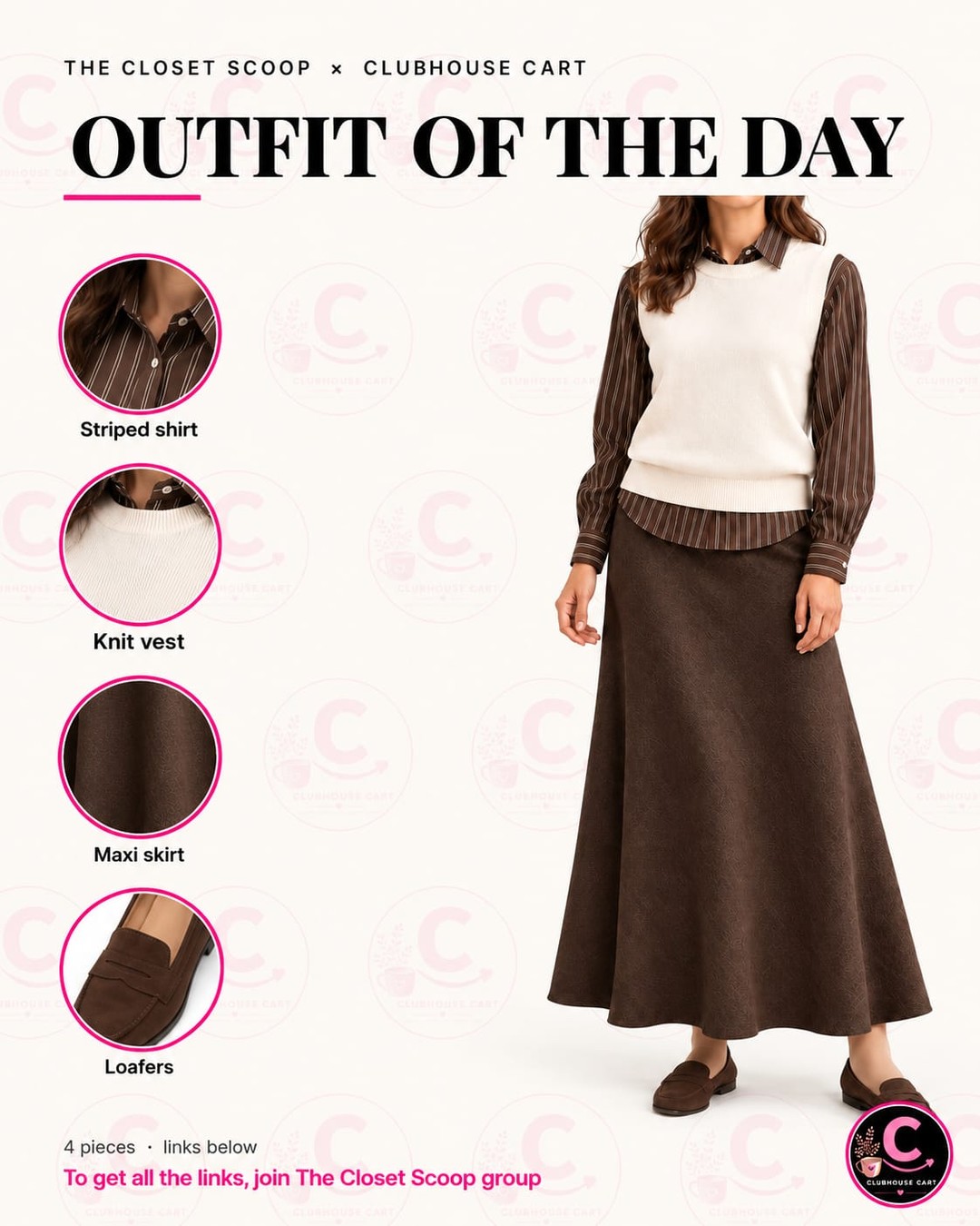 Modest brown maxi skirt outfit with a striped shirt, cream sweater vest and brown penny loafers