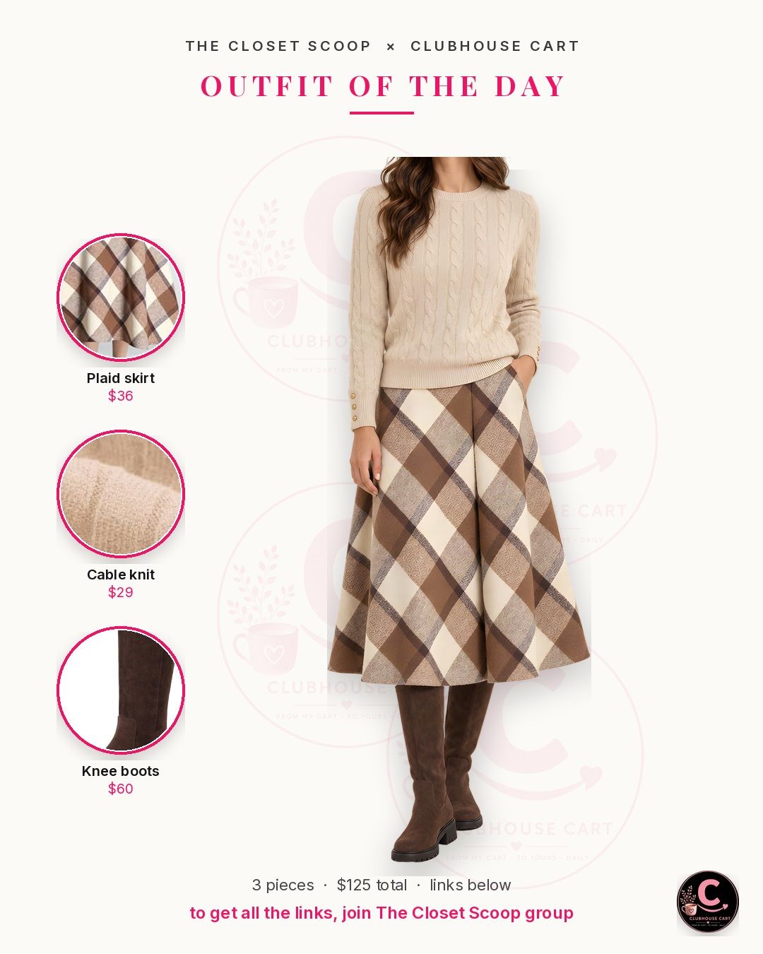 Modest brown plaid midi skirt outfit with a cream cable knit sweater and suede knee high boots