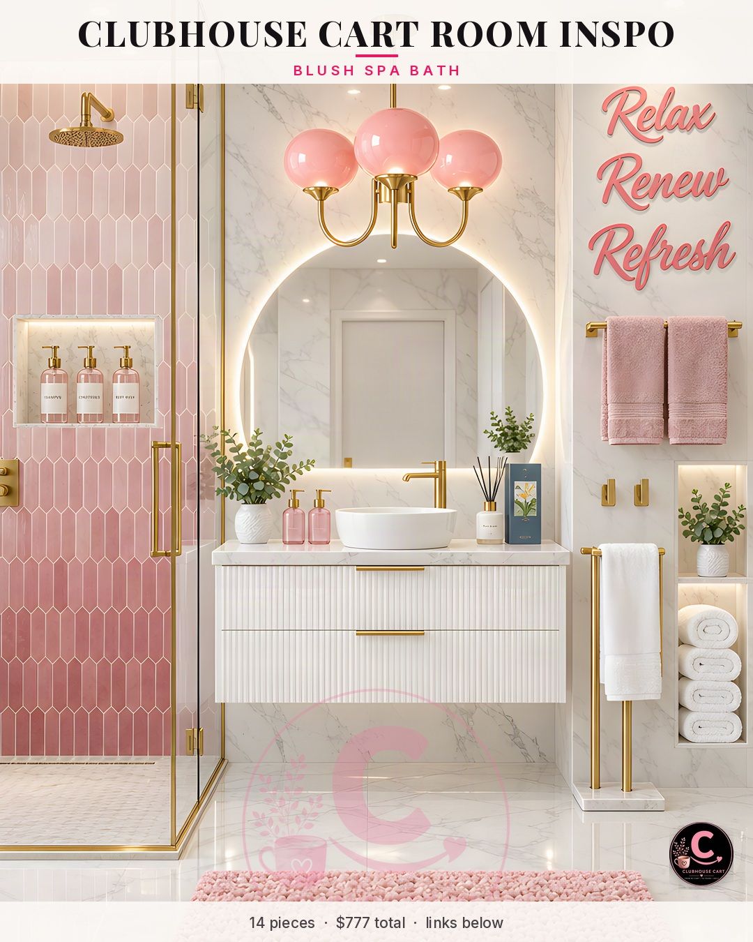 Blush pink and marble bathroom with a pink globe chandelier, half-moon LED mirror and gold fixtures