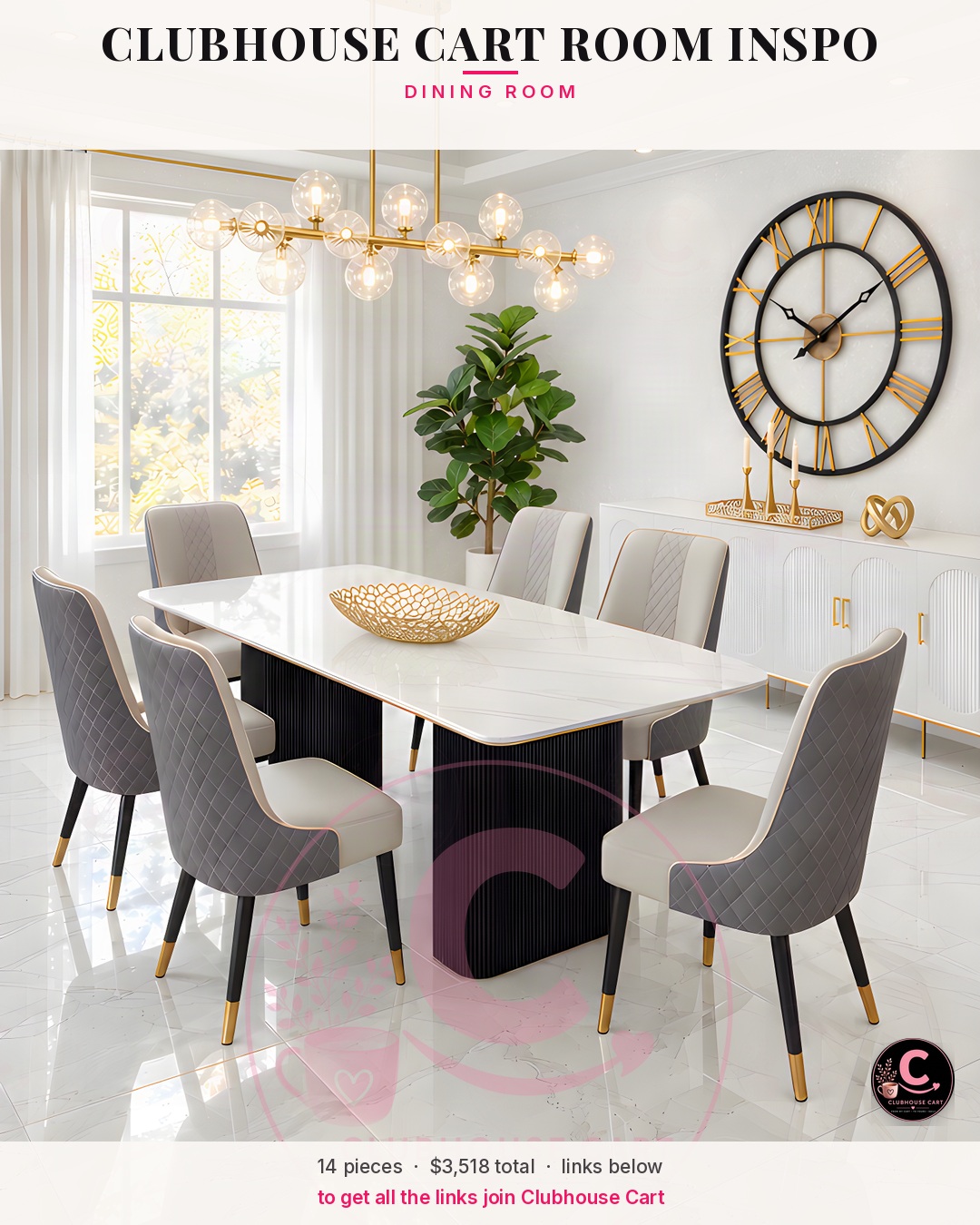 White and gold dining room with a gold bubble chandelier, marble-look table and six chairs