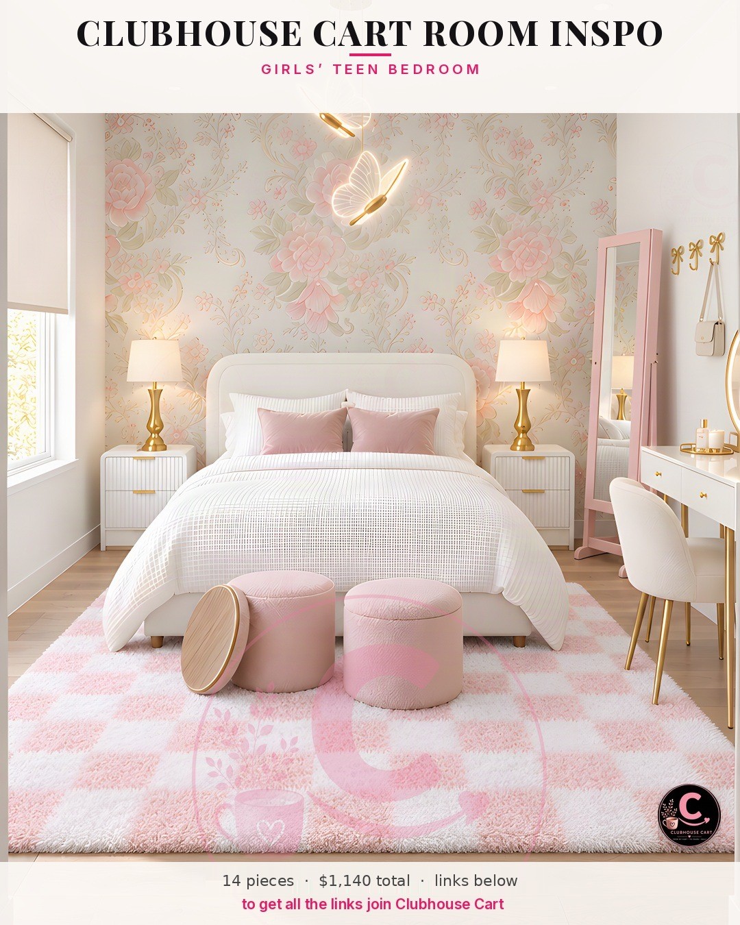 Pink and white teen girl room with a boucle cloud bed, floral accent wall, vanity and checkered rug