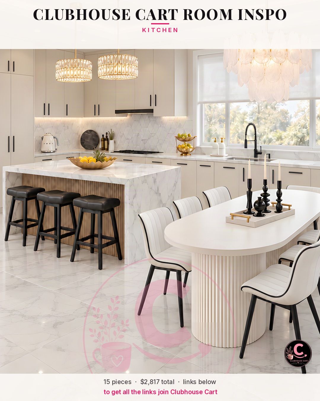 Cream and oak kitchen with a marble island, crystal pendants and black and gold accents