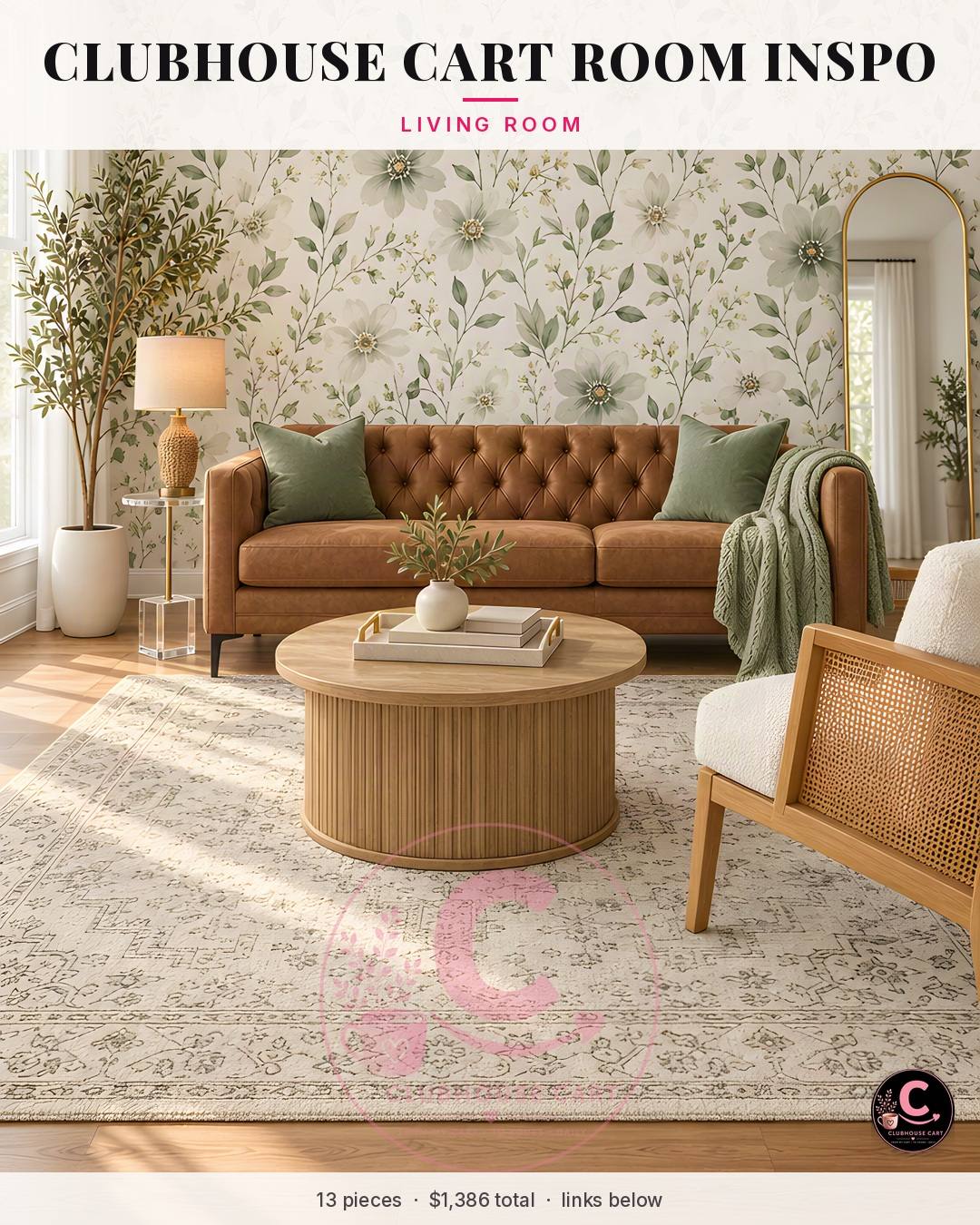 Warm modern living room with a camel leather sofa, boucle accent chair and sage green botanical accent wall