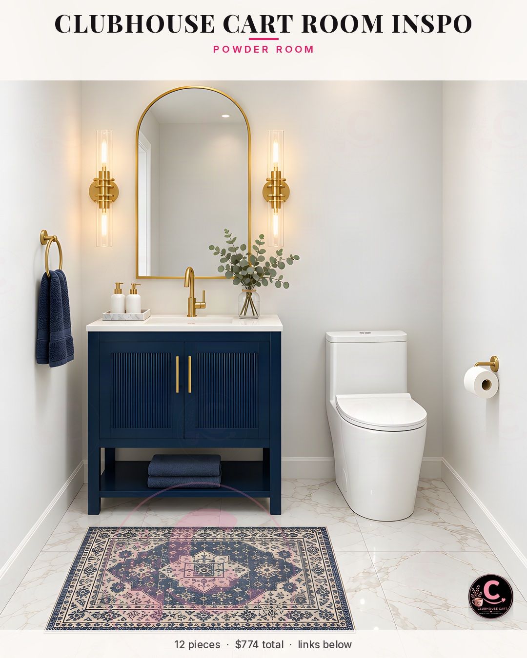 Navy and gold powder room with a navy fluted vanity, gold arched mirror and glass sconces
