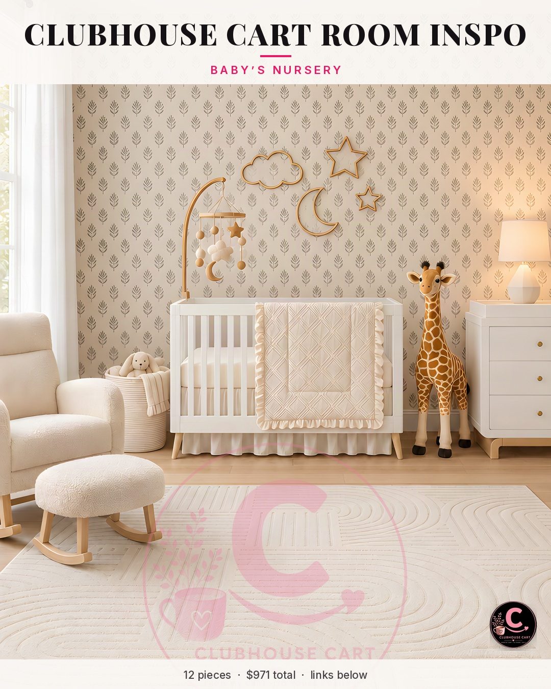 Cozy cream nursery with a folk tulip wallpaper wall, boucle rocking chair and crib