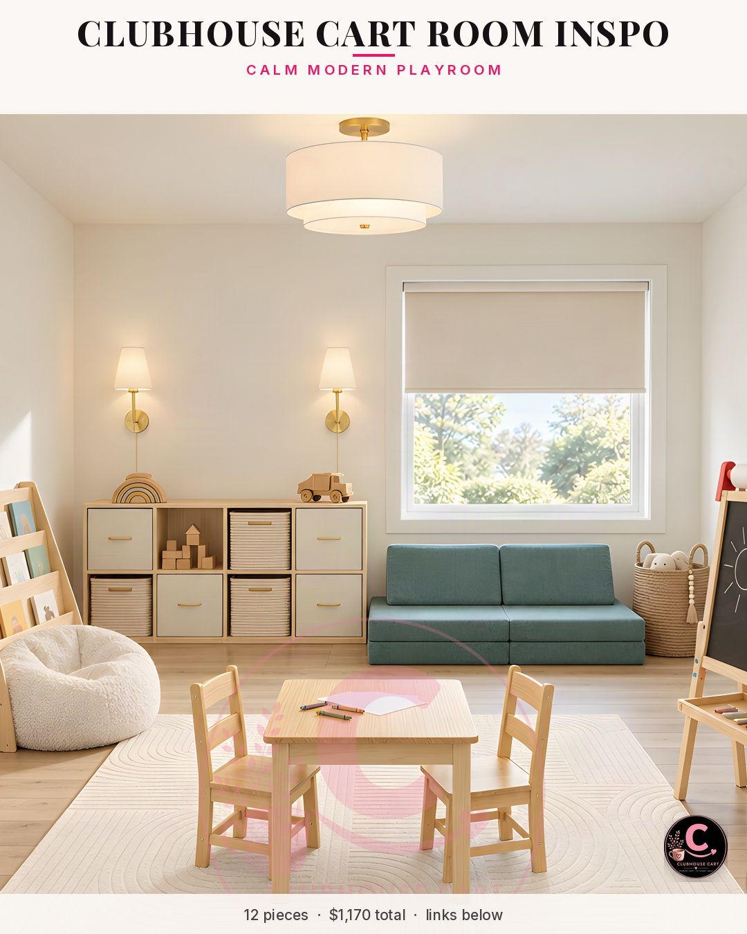 Modern neutral playroom with cube storage, a wood table and chairs and a sage green reading corner